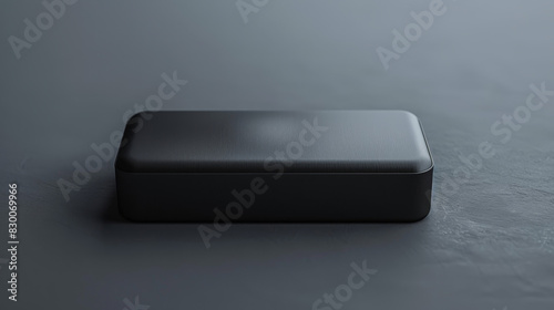 A black box with a leather cover sits on a grey surface photo