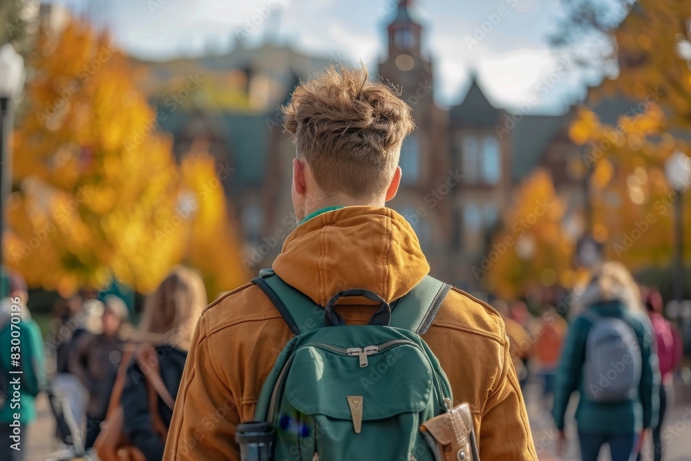 Student with school bag standing in front of school. back to school concept Student with school bag standing in front of school. back to school concept