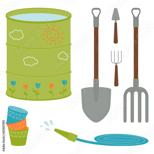 Gardening and planting kit - shovel, pitchfork, garden barrel, hose, empty pot.