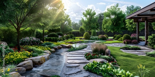 Japanese garden with a stone path and a small pond