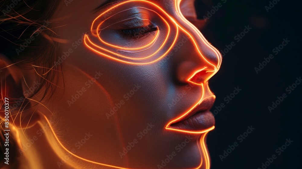 beautiful woman with neon lines on her face on gray background in high resolution and high quality beautiful woman with neon lines on her face on gray background in high resolution and high quality