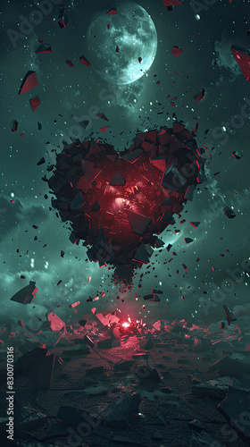 A glowing red heart breaking into pieces under a moonlit sky. Generate AI