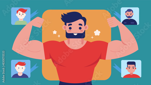 A man is reluctant to post a photo of himself on social media because he is selfconscious about his body not looking as toned and muscular as others he sees online.. Vector illustration