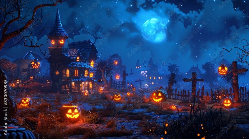 Spooky Halloween Pumpkin in a Mysterious House Under the Night Sky Spooky Halloween Pumpkin in a Mysterious House Under the Night Sky