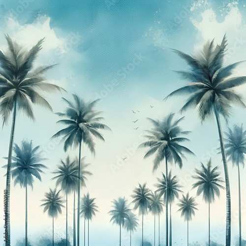 Watercolor illustration of blue sky with palm trees.