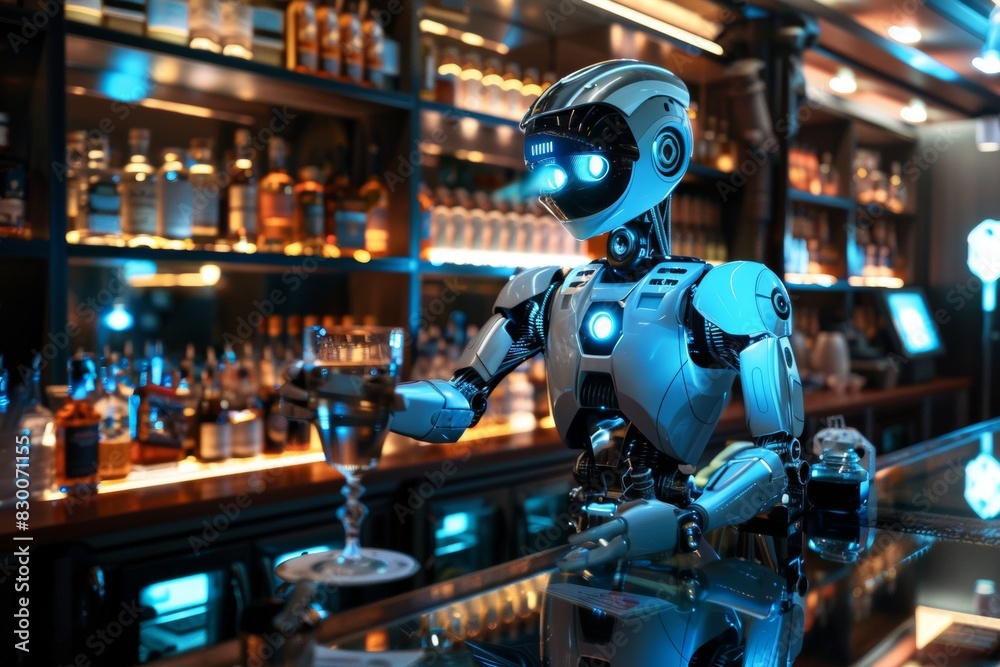 Fototapeta premium A robot serves drinks in a futuristic high-tech bar.