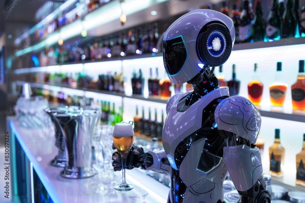 A robot serves drinks in a futuristic high-tech bar.