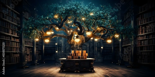 Celebrate World Philosophy Day with a magical tree of knowledge in a library. Concept Philosophy, World Philosophy Day, Library, Tree of Knowledge, Celebration photo