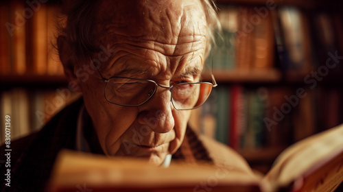 Elderly Man Reading in Cozy Library