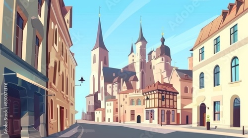 flat illustration of street view of where modern skyscrapers of medieval structures 