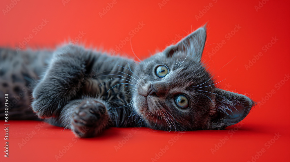 Obraz premium A playful and endearing scene of a grey kitten lying on its back against a vibrant red background, showcasing its curious eyes and soft fur in a photorealistic style.