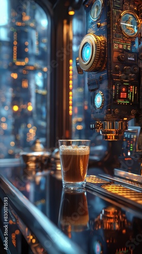 sci-fi fantasy futuristic coffee machine with a hot cup of coffee, coffee bar, coffee shop with steam punk sci-fi background © QuietWord