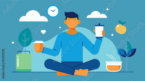 He sets a goal to improve his overall health by drinking more water and getting enough sleep each night as well as incorporating mindfulness practices into his daily routine.. Vector illustration