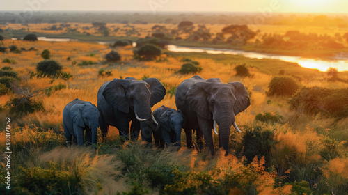 Aerial view of a family of elephants walking through a golden savannah at sunset  highlighting the beauty of wildlife in their natural habitat.