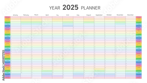 Planner for 2025 year , wall calendar. Blank planner template for daily and monthly agenda. 2025 year calender with twelve months vertical grid in rainbow colors, vector illustration