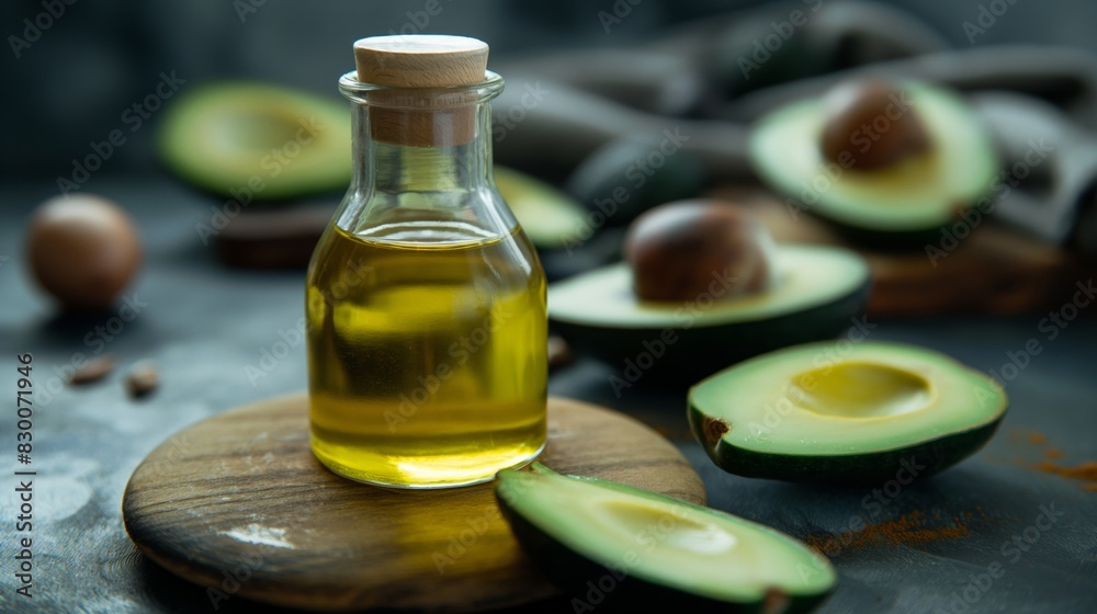 avocado oil in a glass bottle with half cut fresh avocado avocado oil in a glass bottle with half cut fresh avocado