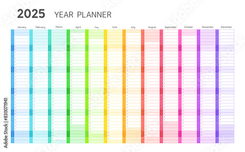 2025 year planner, wall calendar for daily and monthly agenda. Blank planner template for 2025 year with twelve months vertical grid in rainbow colors, vector illustration