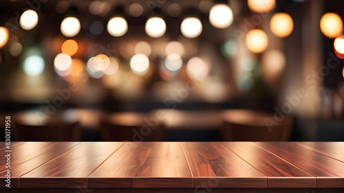 image of table podium in front of restaurant abstract background, Generative AI