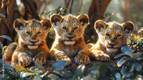 Charming scene of three lion cubs sprawled comfortably on the ground, gazing intently at the camera.