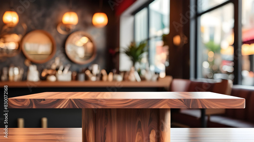 image of table podium in front of restaurant abstract background  Generative AI
