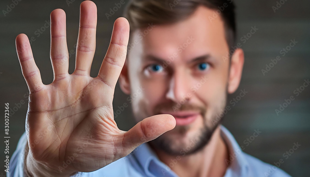 A man's hand with fingers spread out close to the camera, open palm, making a stop gesture or showing number five, attention, warnings, instructions. formal suit. A man's hand with fingers spread out close to the camera, open palm, making a stop gesture or showing number five, attention, warnings, instructions. formal suit.