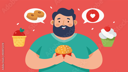 His love for food and indulgences make him feel guilty as society deems men should only consume healthy foods to maintain a certain physique.. Vector illustration