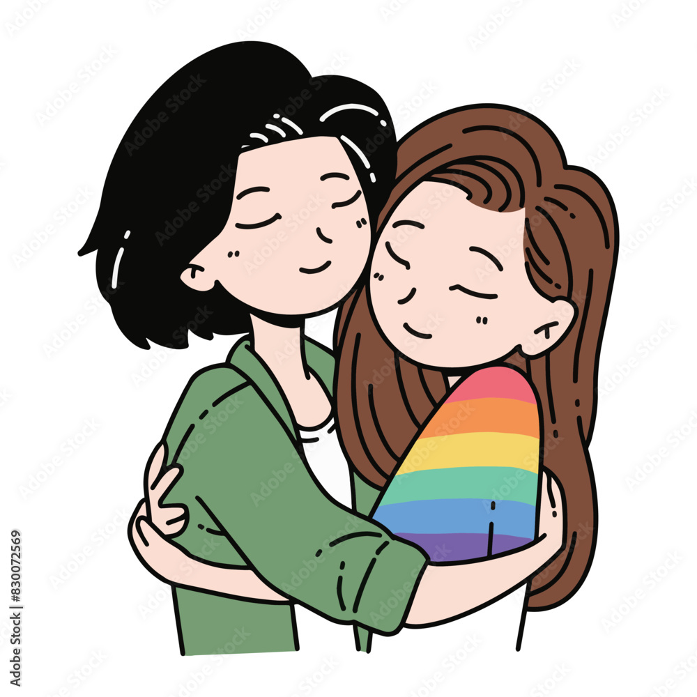 Interracial Lesbian couple hugging each other celebrating pride month rainbow vector Interracial Lesbian couple hugging each other celebrating pride month rainbow vector