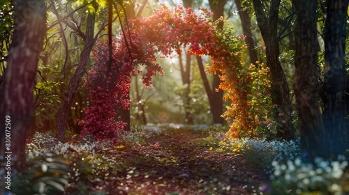 A colorful arch in the woods during the beginning of spring