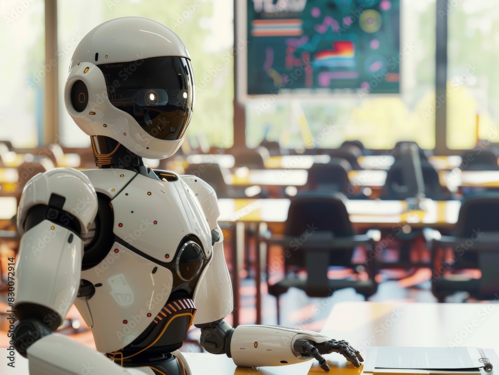 Fototapeta premium A highly intelligent robot teaching classes in a futuristic educational environment.