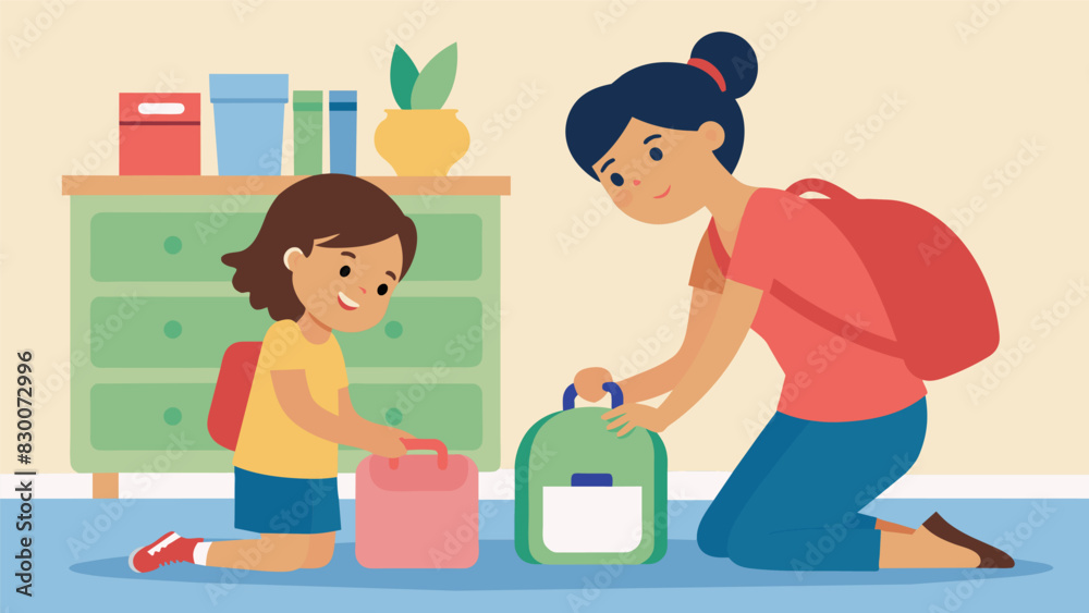 A mother and her child practice packing their backpack the night before ensuring they have everything they need for the next day.. Vector illustration A mother and her child practice packing their backpack the night before ensuring they have everything they need for the next day.. Vector illustration