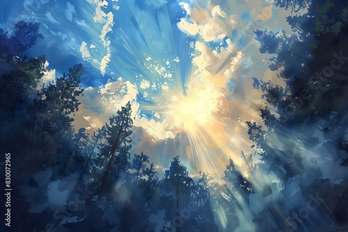 Enchanting Forest Canopy with Sunlight Breaking Through Trees in Impressionist Art Style, Ideal for Nature and Art Enthusiasts