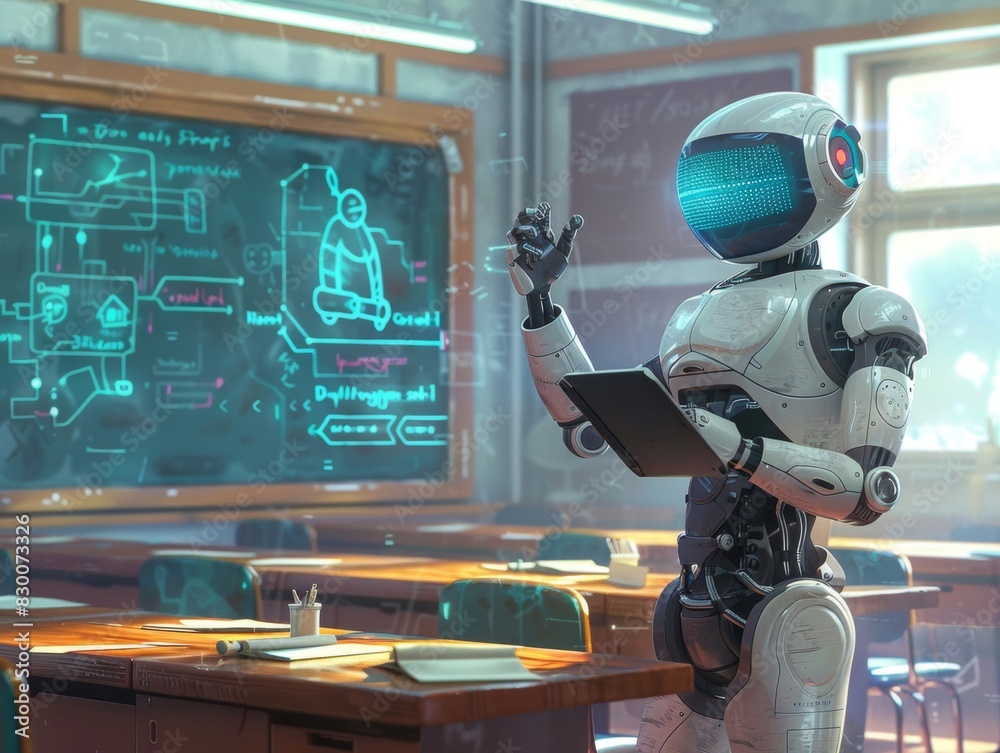 A highly intelligent robot teaching classes in a futuristic educational environment.