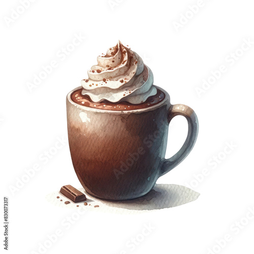 A watercolor painting of a cup of hot chocolate with whipped cream and a chocolate bar on a saucer.