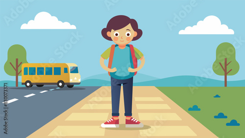 A student standing on their tiptoes trying to spot the school bus coming down the road their excitement and nervousness bubbling over.. Vector illustration