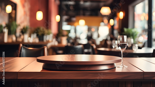 image of table podium in front of restaurant abstract background, Generative AI