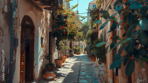 Urban photography, Streets of an old historic Mediterranean city, Decorated with beautiful flowers in terracottas, shot at noon in the summertime