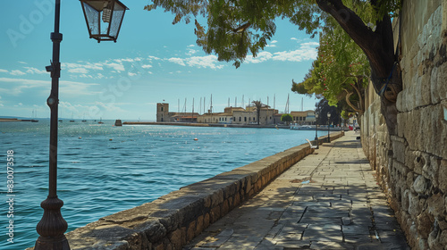 Travel photography, sea promenade of an old historic Mediterranean city. Shot at noon in the summertime. Vacation vibe