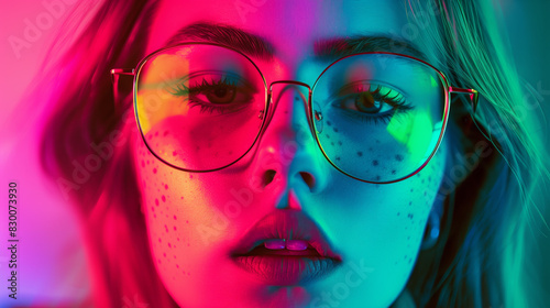 Synth wave style close-up portrait photo of a young female model with glasses on.