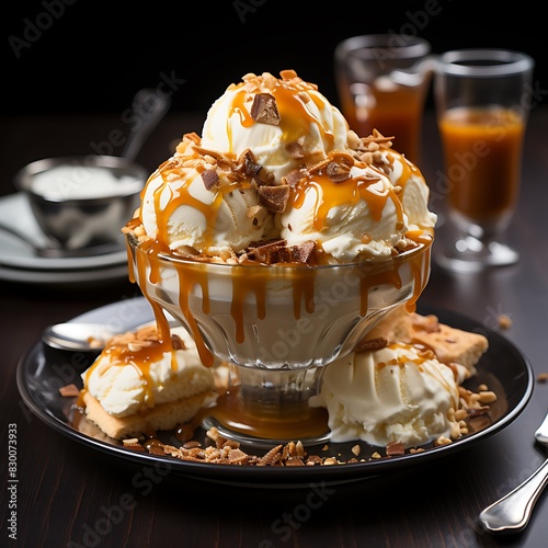Coffee ice cream topped with caramel sauce and crunchy caramel cookies.