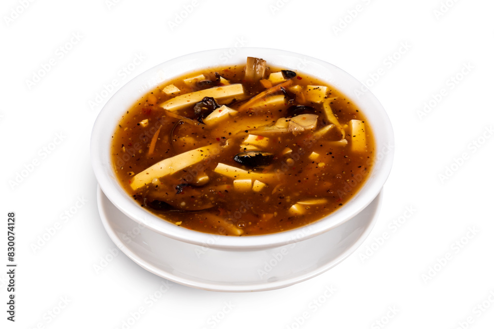 Chinese and oriental delicacy Hot And Sour Soup in a white dish isolated on white Chinese and oriental delicacy Hot And Sour Soup in a white dish isolated on white