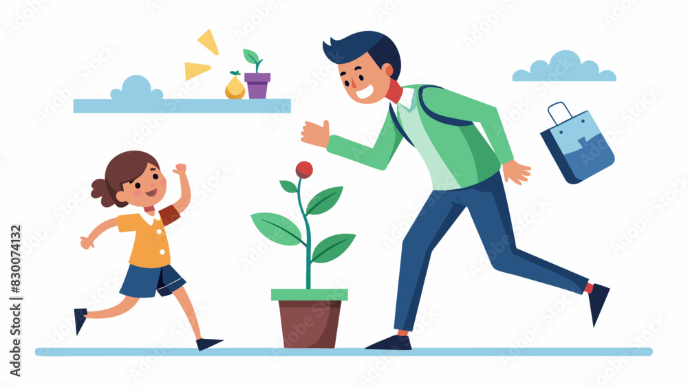 Fototapeta premium A student excitedly rushes to show their teacher the results of an experiment which shows that plants grow taller when exposed to classical music versus heavy metal.. Vector illustration