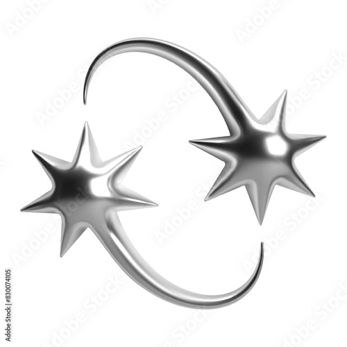 3D Y2K chrome abstract shape two stars and curved tails, comets or meteors, shiny metallic glossy silver surface. Isolated vector element for retro futuristic design, cyber space, and galaxy aesthetic