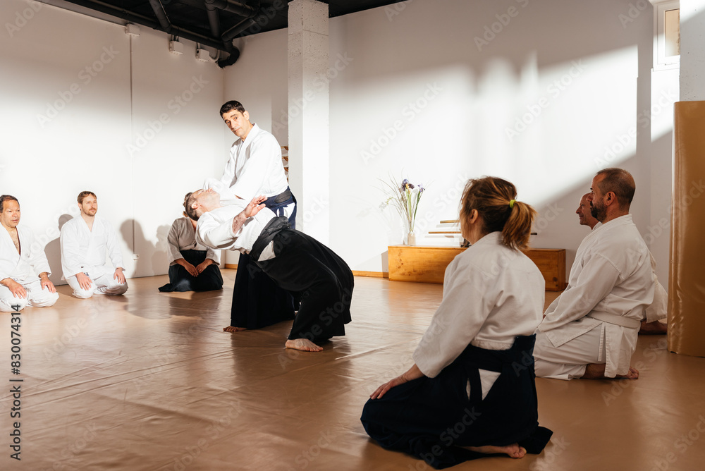 Martial Arts Sensei Demonstrates Technique to Attentive Students in Traditional Dojo Setting
