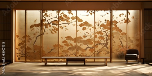 Modern Japanese ukiyoe folding screen with elegant luxurious and dramatic elements. Concept Japanese Art, Ukiyoe, Traditional Decor, Elegant Design, Luxurious Elements