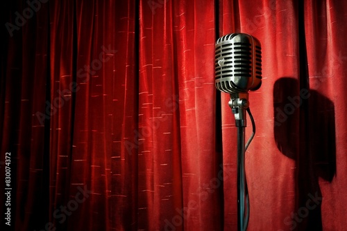 A vintage microphone stands in front of a red curtain, creating a classic and dramatic stage setting