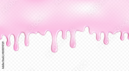 Realistic pink melting cream or light pink liquid cake syrup flowing down. Vector illustration.