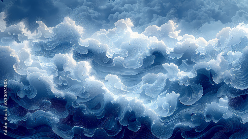 The surface of the sea is white and blue, swaying and floating softly like the wind and clouds.