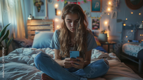 Sad teenage girl looking, checking at her smartphone, scrolling through social media on phone screen at bedroom. Internet addiction in kids. Generative ai.