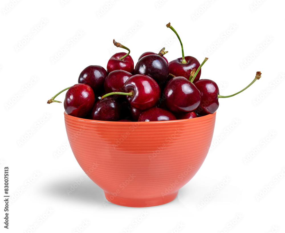 A bowl is orange with fresh cherries isolated from the white background. PNG A bowl is orange with fresh cherries isolated from the white background. PNG