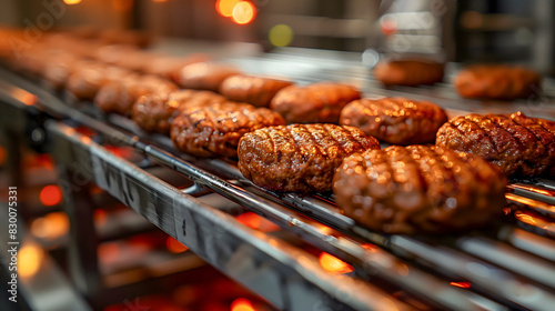 grilled burger patties on a conveyor belt, the glowing embers beneath the conveyor belt indicate an industrial cooking process, mass production of food and the use of automated cooking technology photo